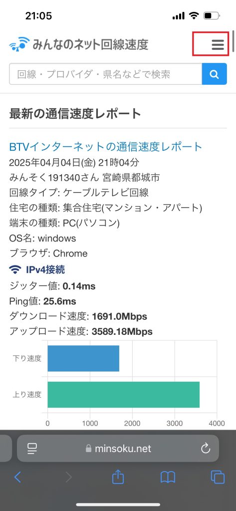 みんなのネット回線速度トップ画面