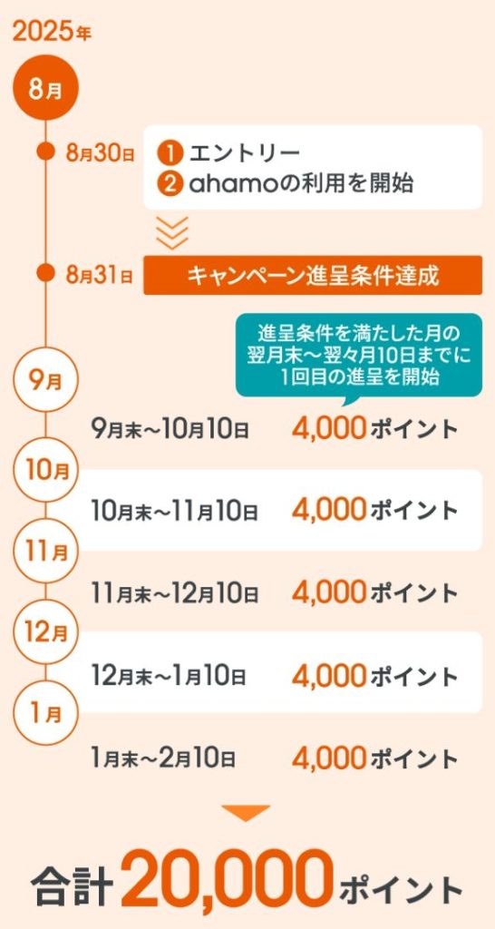 ahamoの20,000ポイント進呈時期の具体例